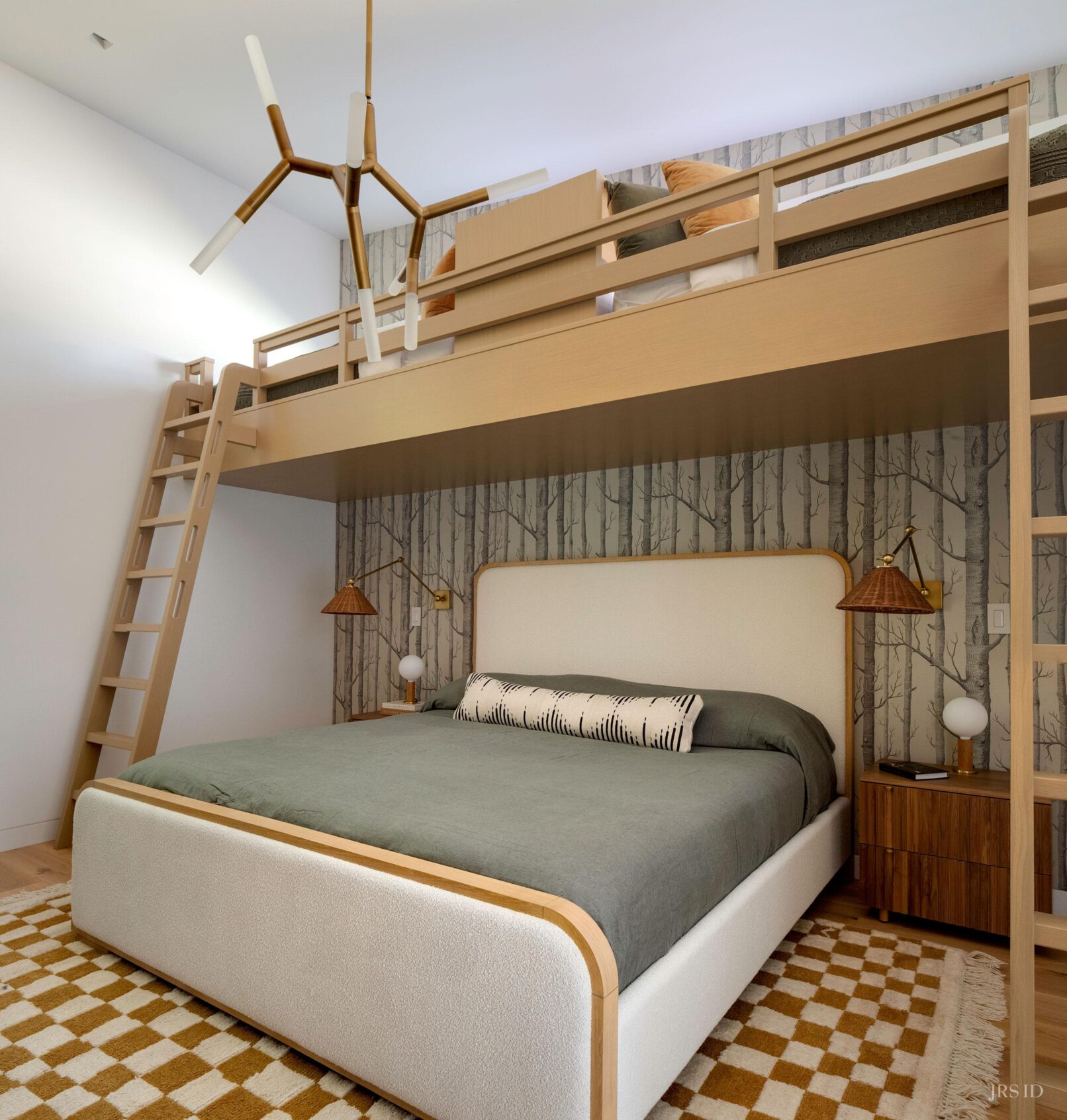 Custom bunk room with lofted sleeping area and patterned wallpaper at the Eucalyptus Hill ADU Residence in Montecito.